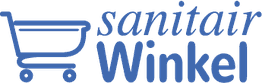 Winkelwagenpictogram met de tekst "sanitair Winkel" in blauwe letters.