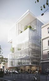 Modern glass building with multiple floors, street level pedestrians, and visible interior plants.