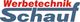 Logo mit Text "Werbetechnik Schauf", rot über blauem Schriftzug auf weißem Hintergrund.