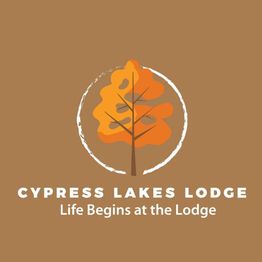 Logo of Cypress Lakes Lodge with an orange tree and the text "Life Begins at the Lodge."