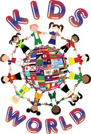 Children holding hands around a globe with flags, text reads "Kids World".