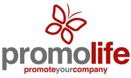 Logo con scritta "promolife" e motto "promote your company", decorato con farfalla stilizzata.