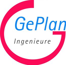 Logo von GePlan Ingenieure mit rotem Halbkreis und blauer sowie schwarzer Schrift.
