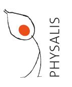 Minimalistisches Physalis-Logo mit stilisiertem Umriss und roten Punkt auf weißem Hintergrund.