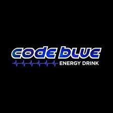 "Code Blue Energy Drink logo with a heartbeat line on a black background."