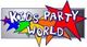 Buntes Logo mit dem Text "Kids Party World" und sternförmigen Elementen im Hintergrund.