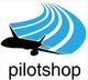 Silhuet af fly med blå striber og teksten "pilotshop".