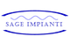 Logo con testo "SAGE IMPIANTI" in blu tra due linee ondulate blu.