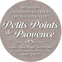 Étiquette ronde "Petits Points de Provence" en lin, décoration, adresse et site web inclus.