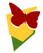 Roter Schmetterling auf gelbem und grünem Hintergrund.