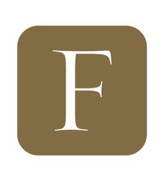 Letra "F" branca em fundo marrom quadrado com bordas arredondadas.