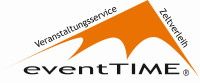 Logo von eventTIME mit orangefarbenem Zeltmotiv, Text: Veranstaltungsservice, Zeltverleih.