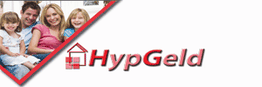 Glückliche Familie lächelnd, das Logo "HypGeld" daneben.