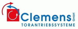 Logo von Clemens GmbH mit roten Pfeilen und Text: "TORANTRIEBSSYSTEME".