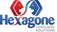 Logotipo de Hexagone Language Solutions con íconos de diálogo en rojo y azul.
