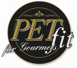 PETfit-Logo mit goldenem Schriftzug, darunter "für Gourmets". Schwarzer Hintergrund.