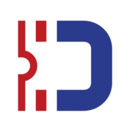 Rotes und blaues abstraktes Logo auf weißem Hintergrund.