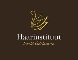 Logo van Haarinstituut met gestileerde vogel en tekst "Ingrid Adriaensen" op bruine achtergrond.