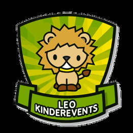 Niedlicher Löwen-Cartoon mit Schriftzug "Leo Kinderevents" auf grünem Hintergrund.