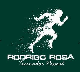 Silhueta de corredor em partículas com texto: "Rodrigo Rosa, Treinador Pessoal", fundo verde escuro.