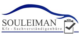 Logo mit blauem Autosilhouette, Text "SOULEIMAN Kfz-Sachverständigenbüro" und Klemmbrett.