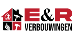Logo met huis en hamer in rood en zwart, tekst "E&R".