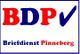 BDP-Logo mit blauem Haken. Text: Briefdienst Pinneberg. Rot-blaue Schrift auf weißem Hintergrund.