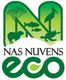 Logotipo "Nas Nuvens Eco" com animais como capivara, peixes e tartaruga em fundo verde.
