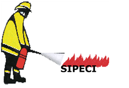 Bombero apagando fuego con extintor, texto "SIPECI".