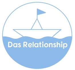 Papierschiff auf Wasser mit Text "Das Relationship" in blauem Kreis.
