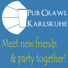 Ein blaues Logo für "Pub Crawl Karlsruhe", mit Slogan: "Freunde finden & gemeinsam feiern!".
