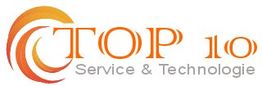 Logo mit Schriftzug "TOP 10 Service & Technologie" in Orange und Grau.