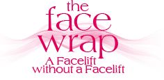 Text: "The Face Wrap - A Facelift Without a Facelift" in pink, with wavy lines in the background.