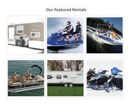 Collage of various rental options: camper, jet skis, boats, and snowmobiles.