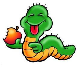 Glücklicher grüner Wurm mit rotem Apfel, lächelnd mit herausgestreckter Zunge.