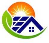Logo mit Hausdach, Sonnenstrahlen, Solarpanel und grünem Blatt.