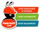Ameisen-Logo mit Helm, Slogan in Rot, Grün, Blau: Renovierer, Hausmeister, Malerprofis.