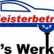 Auto-Symbol mit Text "KFZ-Meisterbetrieb Niko's Werkstatt" in Blau und Rot.