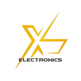 Logo met gele bliksemschicht en tekst "Electronics" op witte achtergrond.