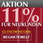 Rabattaktion: 11% für Neukunden mit Gutscheincode "NEUAKTIONELF" auf rotem Hintergrund.