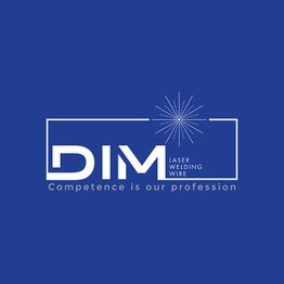 Blaues Logo mit weißem Text: "DIM Laser Welding Wire - Competence is our profession".