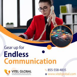 Woman on a phone call using a computer, promoting Vitel Global communication services.