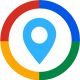A blue map pin inside a multicolored circle, resembling a navigation app icon.