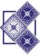 Drei blaue und weiße, florale, geometrische Fliesenmuster überlappen sich kunstvoll.