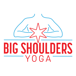 Outline of arms with a star, text reads "Big Shoulders Yoga".