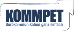 Logo mit Text: "KOMMPET - Bürokommunikation ganz einfach", blauer Pfeil im Hintergrund.