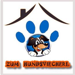 Ein cartoonartiger Hundekopf in einer blauen Pfote mit dem Schriftzug "Zum Hundsviecherl".