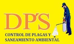 Hombre fumigando con texto "DPS Control de Plagas y Saneamiento Ambiental" en fondo amarillo.