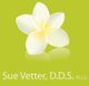 White frangipani flower on green background with "Sue Vetter, D.D.S. P.L.L.C." text below.