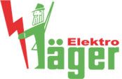 Logo von Elektro Jäger: Grüner Jäger mit rotem Blitz und Schriftzug in Rot und Grün.